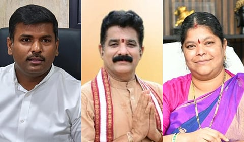 Former minister Gudivada Amarnath (L), former MLA Karanam Dharmasri and Mayor Golagani Hari Venkata Kumari (R).