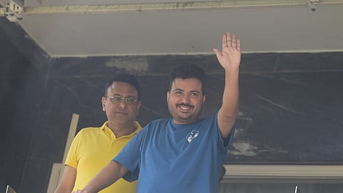 AAP leader Durgesh Pathak at his residence after  CBI  team conduct raid in New Delhi on Thursday.