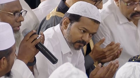 In this photo from March 07, 2025, TVK Chief Vijay participates in an iftar party hosted by Tamilaga Vettri Kazhagam in Chennai.