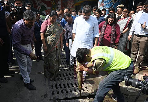 Delhi Chief Minister Rekha Gupta and Public Works Department  Minister Parvesh Verma during an inspection of the waterlogging-prone areas