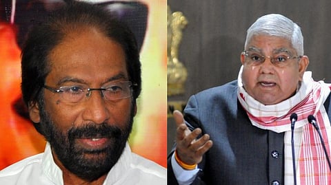 DMK deputy general secretary and Rajya Sabha member Tiruchi Siva (L),  Vice President Jagdeep Dhankhar.