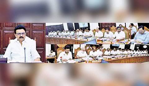 Chief Minister M K Stalin and other ministers during the Cabinet meeting on Thursday.