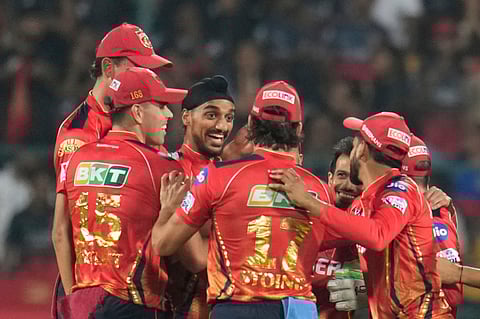 Punjab Kings' Arshdeep Singh celebrates with teammates the wicket of Royal Challengers Bengaluru's Phil Salt (Photo | AP)
