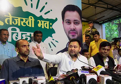 RJD leader Tejashwi Yadav along with Congress Bihar in-charge Krishna Allavaru, VIP Chief Mukesh Sahni and others addresses a press conference after a meeting of the Grand Alliance for the upcoming Bihar Assembly election, in Patna, Thursday, April 17, 2025.