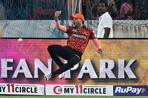 Abhishek Sharma dropping a catch during a Hyderabad game. A lot of fielders have dropped chances so far 