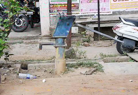 A hand pump beside Bishop Heber Road in Tiruchy.