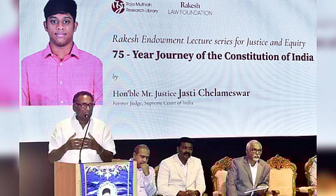 Former Judge of Supreme Court of India, Justice Jasti Chelameswar, talks during the Annual Rakesh Endowment Lecture Series.