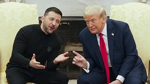 In this photo from February 28, 2025, US President Donald Trump, right, meets with Ukrainian President Volodymyr Zelenskyy in the Oval Office at the White House, in Washington.