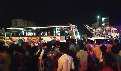 A 16-year-old boy died and 30 others injured in an accident after a private bus transporting people from Krishnagiri to Dharmapuri collided with a truck near Periyanpatti in the early hours of Friday.