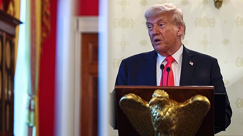 US President Donald Trump speaks during an event in the Blue Room of the White House in Washington, Wednesday, April 16, 2025.