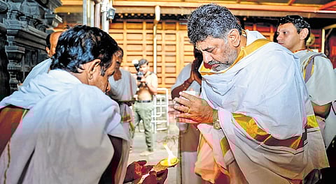 DCM DK Shivakumar seeks blessings at Dharmasthala Sri Manjunatha Swamy Temple in Dakshina Kannada on Sunday