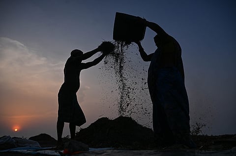 Farmers extracting mung beans from straw with the help of wind at a village on the outskirts of Bhubaneshwar.
