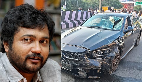 Tamil actor Bobby Simha and his damaged car (R)  that crashed into six people.