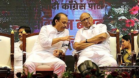 NCP(SP) chief Sharad Pawar (R) with Maharashtra Deputy CM Ajit Pawar.