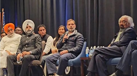 Rahul Gandhi speaking at an event in Boston, USA