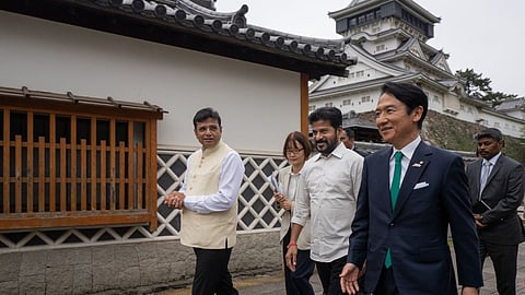 Chief Minister A Revanth Reddy and IT and Industries Minister D Sridhar Babu received a ceremonial welcome from the Mayor of Kitakyushu City, Kazuhisa Takeuchi.