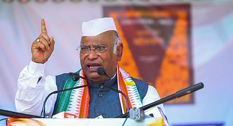 Congress President Mallikarjun Kharge addresses a public meeting, in Buxar, Bihar. 