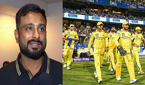 JioStar expert Ambati Rayudu (L); CSK players during their match against MI at the Wankhade Stadium on Sunday.