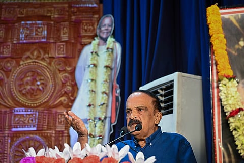 Writer Paul Zacharia speaks at Dr Gopinath Mohanty Memorial Lecture at Jaydev Bhawan in Bhubaneswar on Sunday.