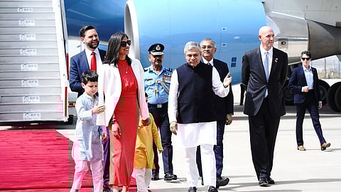 US Vice President J.D. Vance and Second Lady Usha Vance arrive in New Delhi, Monday, April 21, 2025. 
