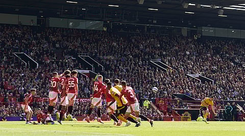 Wolverhampton Wanderers' Pablo Sarabia, second from right, scores his side's first goal of the game, during the EPL soccer match between Manchester United and Wolverhampton Wanderers on Sunday, April 20, 2025.