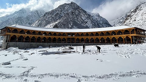 In this photo from Dec. 29, 2024, a thick blanket of snow covers the area around Badrinath Dham Temple after it received heavy snowfall.