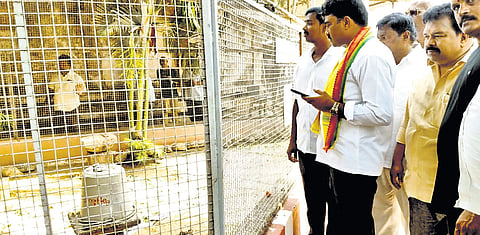 Srikakulam MLA Gondu Sankar inspects Srikurmam temple on Monday.