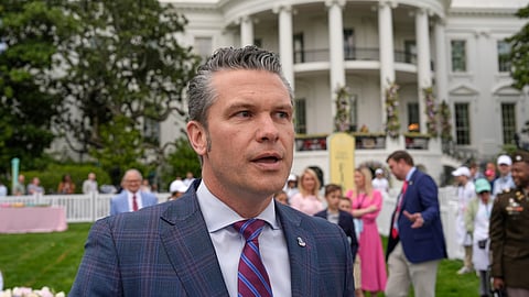 Defense Secretary Pete Hegseth speaks on the South Lawn of the White House before President Donald Trump and first lady Melania Trump participate in the White House Easter Egg Roll Monday, April 21, 2025, in Washington. 