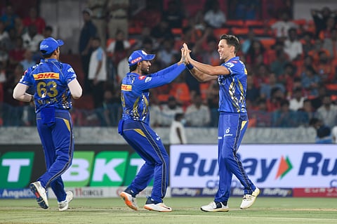 Mumbai Indians' Trent Boult (R) claimed 4/26 against Sunrisers Hyderabad on Wednesday