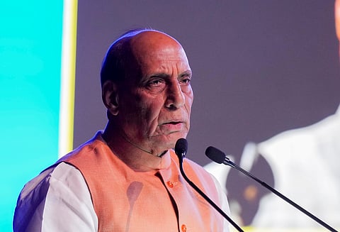  Defence Minister Rajnath Singh delivers a memorial lecture on the Marshal of the Indian Air Force (IAF) Arjan Singh, at Air Force Auditorium, Subroto Park, New Delhii, Wednesday, April 23, 2025. 