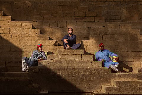 Hamza Rahimtula (centre) with Jassu Khan (left) and Firoz Khan (right) from Rajasthan Folkstars