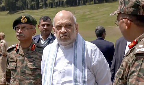Union Home Minister Amit Shah visits the site of the Pahalgam terror attack, in Anantnag district on Wednesday, April 23, 2025.