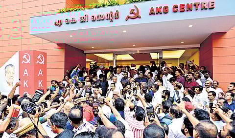 Chief Minister Pinarayi Vijayan and senior CPM leaders coming out of the new CPM state headquarters (AKG Centre) after its inauguration in Thiruvananthapuram on Wednesday 