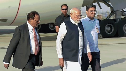 A security personnel keeps vigil, a day after a terrorist attack in Pahalgam, J & K, Wednesday morning, April 23, 2025. 