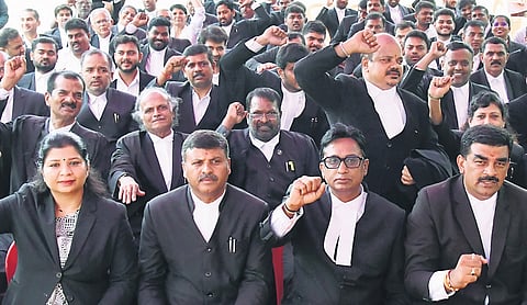 Advocates protest against the SC Collegium’s recommendation to transfer four judges of the of Karnataka High Court, on Wednesday