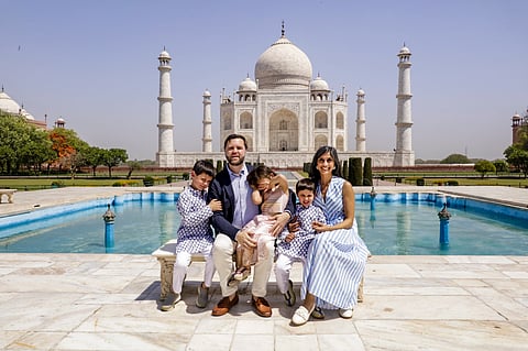 US Vice President JD Vance with wife Usha and their three children, sons Ewan and Vivek and daughter Mirabel, during a visit to the Taj Mahal, in Agra, Uttar Pradesh, Wednesday, April 23, 2025. 