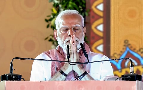 Prime Minister Narendra Modi pays homage to the victims of the Pahalgam terror attack, during the National Panchayati Raj Day programme, in Madhubani district, Bihar. 