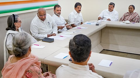 Congress President Mallikarjun Kharge with party leaders Sonia Gandhi, Rahul Gandhi, KC Venugopal and others during a Congress Working Committee (CWC) meeting, in New Delhi.