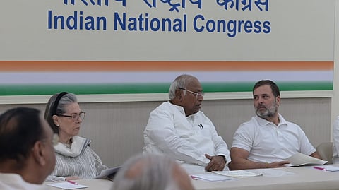 Congress President Mallikarjun Kharge, Sonia Gandhi and  Rahul Gandhi during the CWC meeting at AICC HQ in New Delhi on Thursday. 