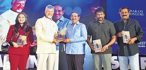 CM N Chandrababu Naidu, MA&UD Minister P Narayana and actor Chiranjeevi at the launch of Sharani’s book ‘Mindset Shift‘ in Vijayawada on Thursday