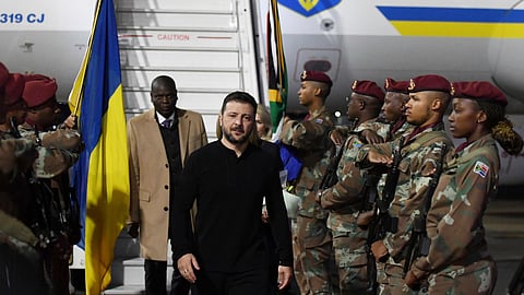In this photo released by South African Government Communications and Information Services (GCIS), Ukrainian President Volodymyr Zelenskyy arrives in Pretoria, South Africa, for a state visit where he will meet South Africa's President Cyril Ramaphosa, Thursday, April 24, 2025.