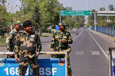 Security personnel stand guard at an Integrated Check Post near the Attari-Wagah border, in Amritsar district, Punjab, Thursday, April 24, 2025.