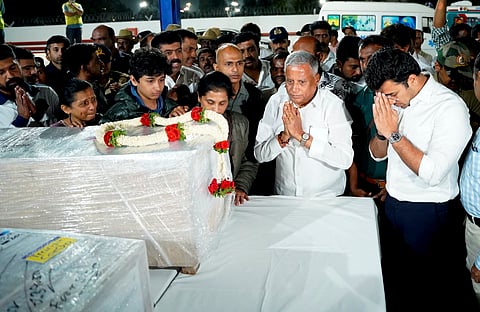 BJP MP Tejasvi Surya pays tribute to Pahalgam terror attack victims after their bodies arrived at the airport in Bengaluru, early Thursday, April 24, 2025. 