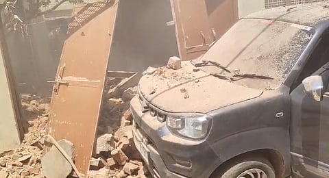 Debris from the house where a non-explosive IAF store fell from an aircraft in Madhya Pradesh’s Shivpuri district on Friday.