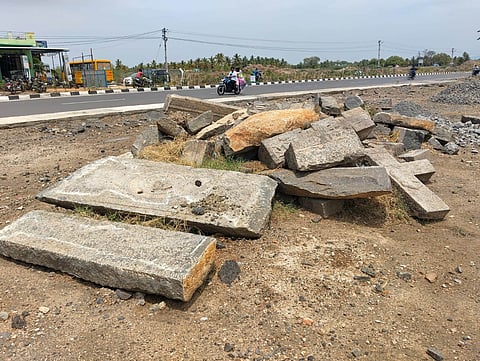 A broken piece of a 17th century monument which has been abandoned by the road side near Rajapettai