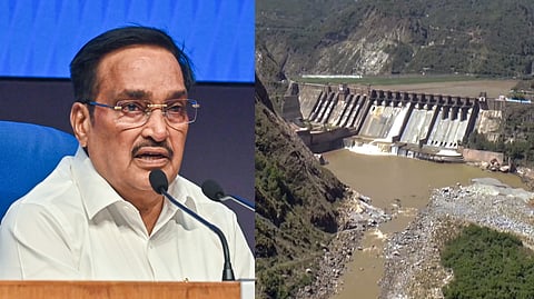 (L) Union Minister of Jal Shakti C. R. Paatil; (R) A dam on the Indus river system, in Reasi, J&K.