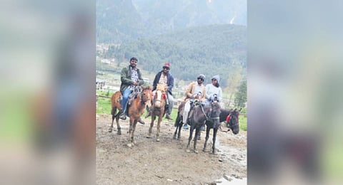Four of the Odia tourists on mules at Pahalgam