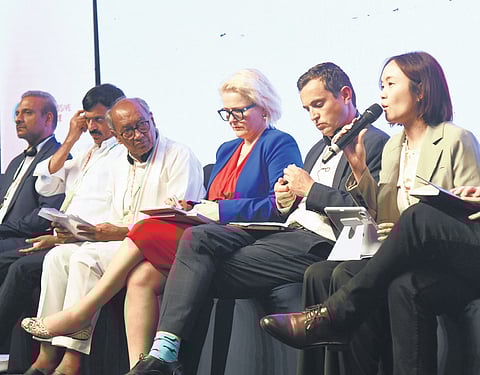 Senior Congress leader Digvijaya Singh listens attentively during a panel discussion on “Fact vs Fiction: Countering Disinformation” during Bharat summit 2025 at HICC in Hyderabad on Friday
