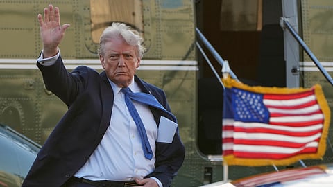 President Donald Trump arrives at Leesburg Executive Airport on Marine One in Leesburg, Va., Thursday, April 24, 2025, en route to Trump National Golf Club Washington DC in Sterling, Va.