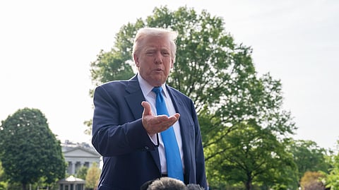 US President Donald Trump speaks with reporters from the South Lawn of the White House, Friday, April 25, 2025, in Washington. 